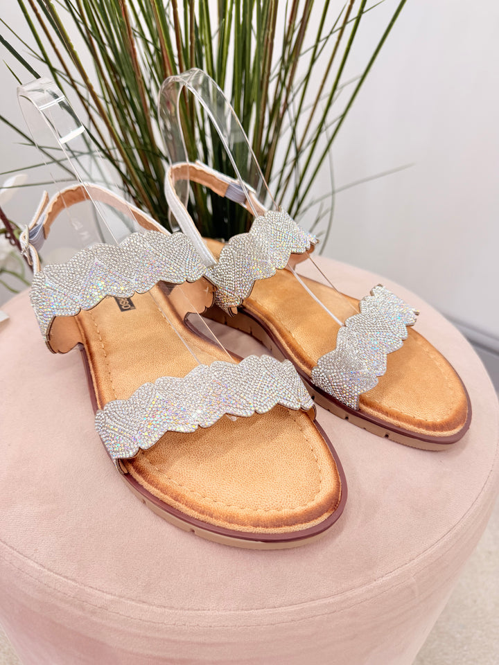 Ladies Diamante Two Strap Flatform Sandals - gold and silver