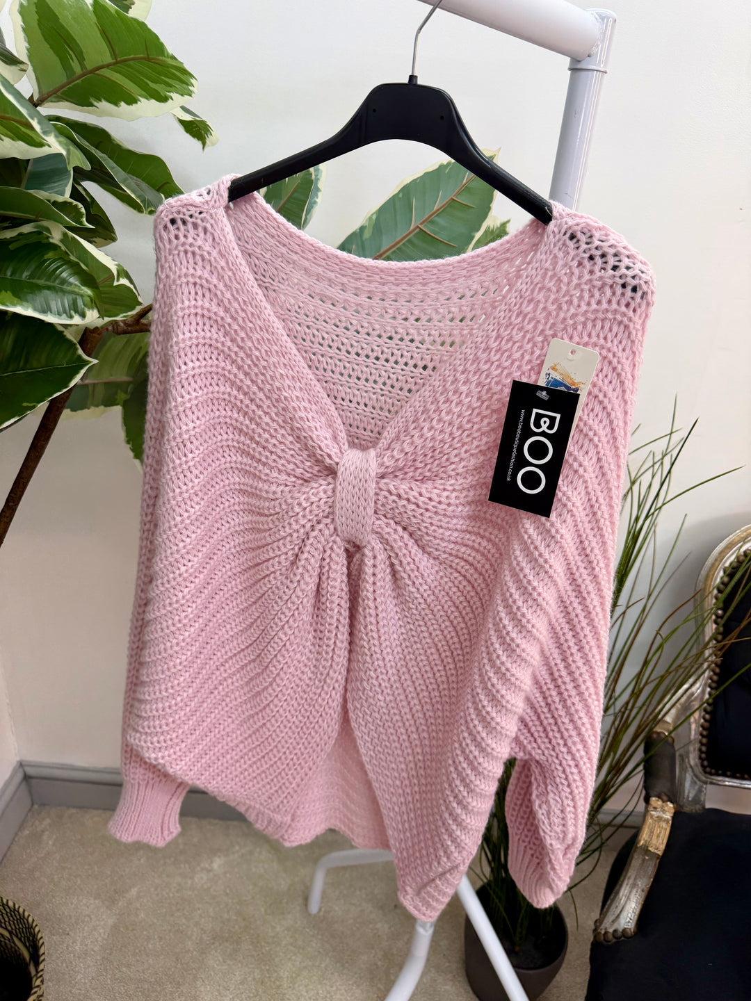 LADIES CHUNKY KNIT TWIST FRONT JUMPER - GREY, BEIGE & PINK
