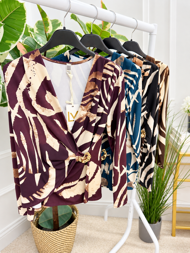 Womens fashion long sleeve wrap style top - teal, black, plum & brown