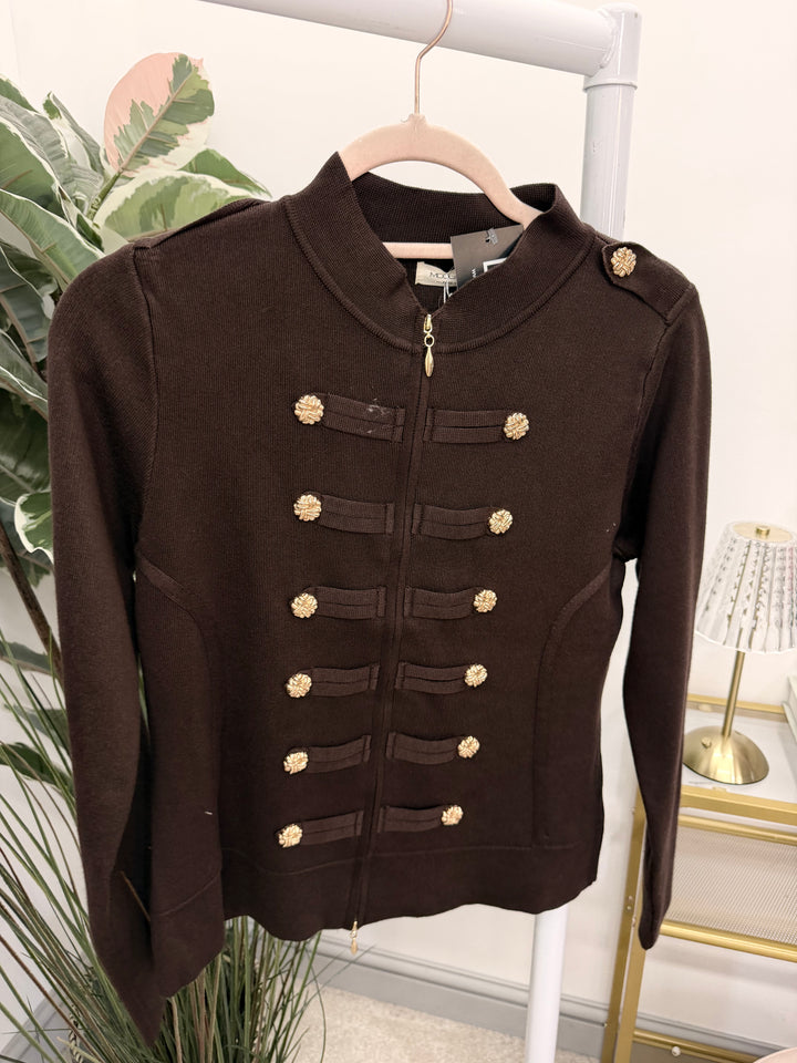 Ladies Fashion Military Knitted Cardigan Jumper - Black, Plum, Beige & Brown