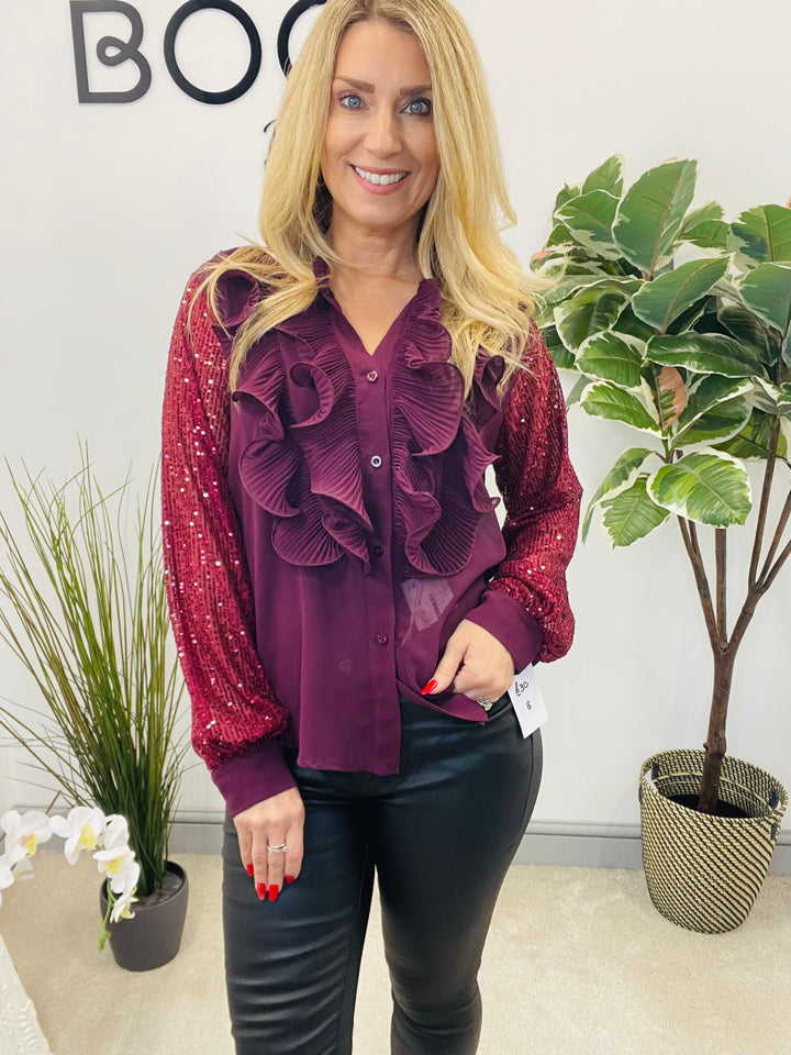 LADIES SEQUIN ARM FRILL BLOUSE - BLACK, SILVER, BERRY, BEIGE & BROWN