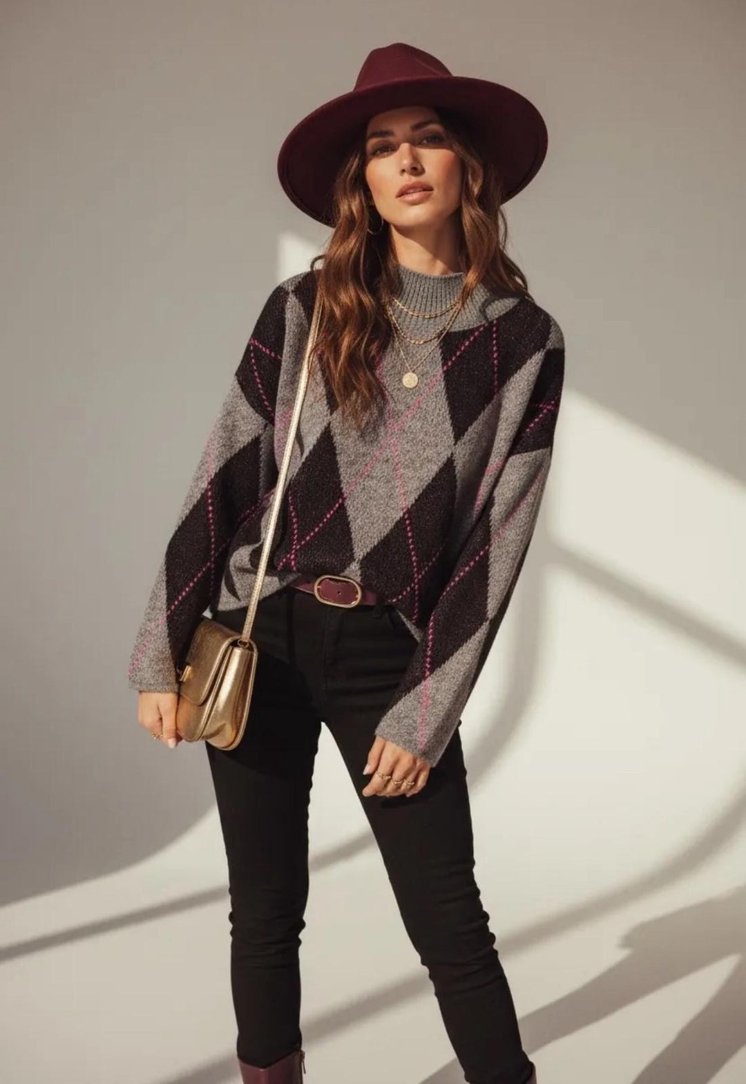 LADIES FASHION ARGYLE KNIT JUMPER - BERRY, PINK, GREY, PURPLE