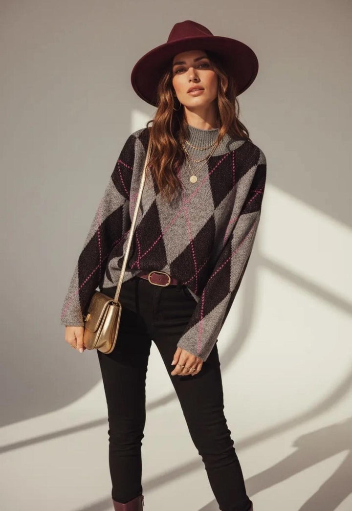 LADIES FASHION ARGYLE KNIT JUMPER - BERRY, PINK, GREY, PURPLE