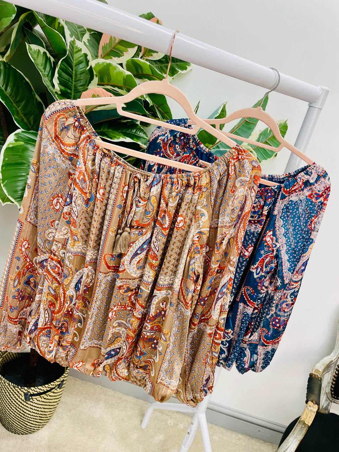 LADIES PAISLEY CHIFFON BARDOT TOP BLOUSE - BEIGE & TEAL