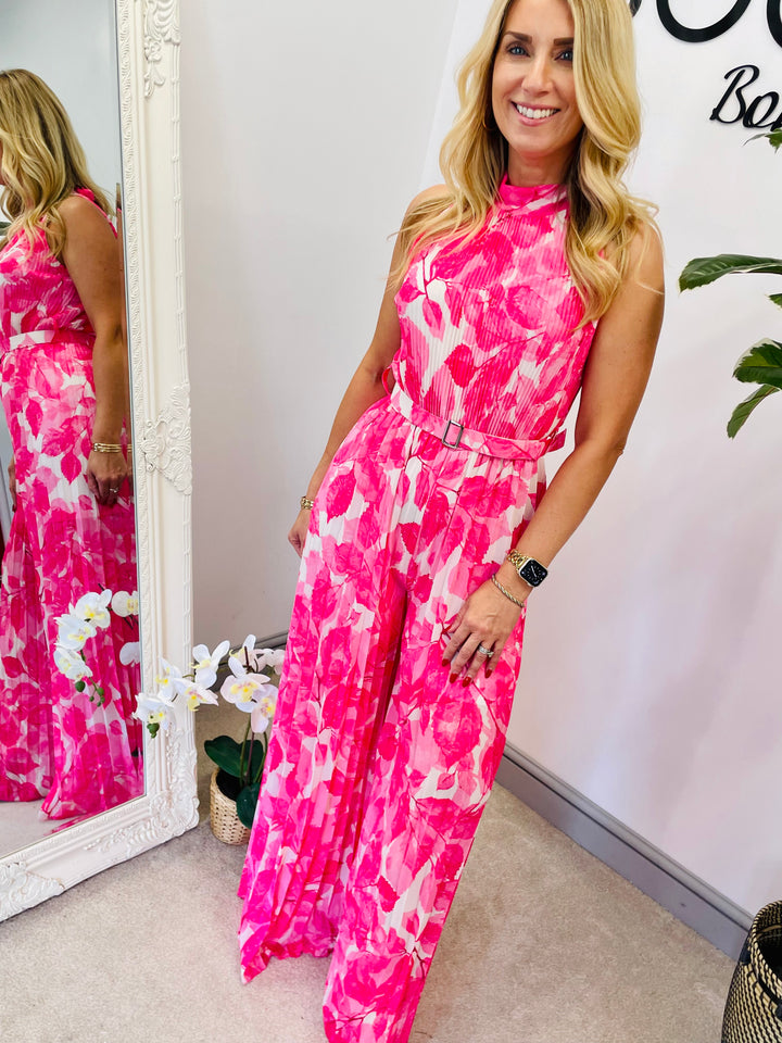 LADIES CHIFFON PLEATED HIGH NECK JUMPSUIT - BLUE, NAVY, PINK, YELLOW