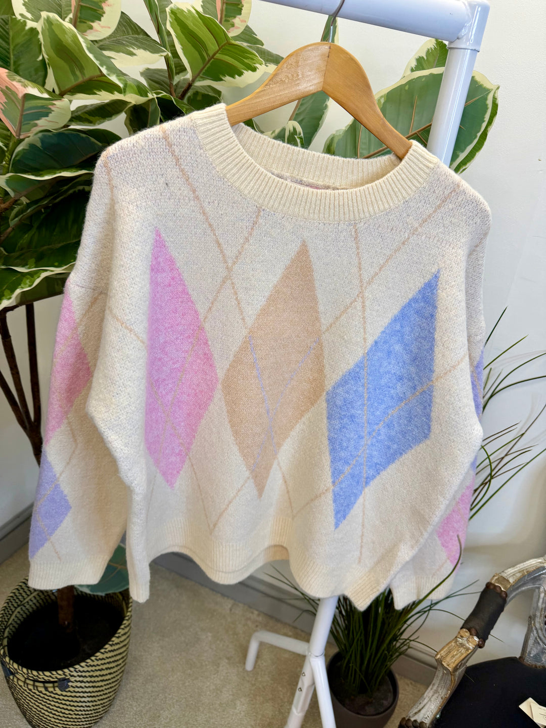 LADIES SOFT KNIT ARGYLE JUMPER - PINK, LEMON, BLUE, MINT & CREAM