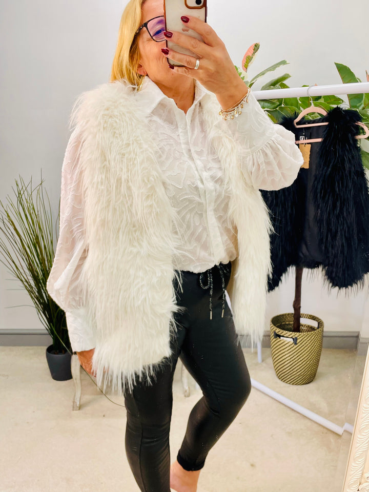 LADIES FLUFFY FURRY GILET - BLACK & WHITE