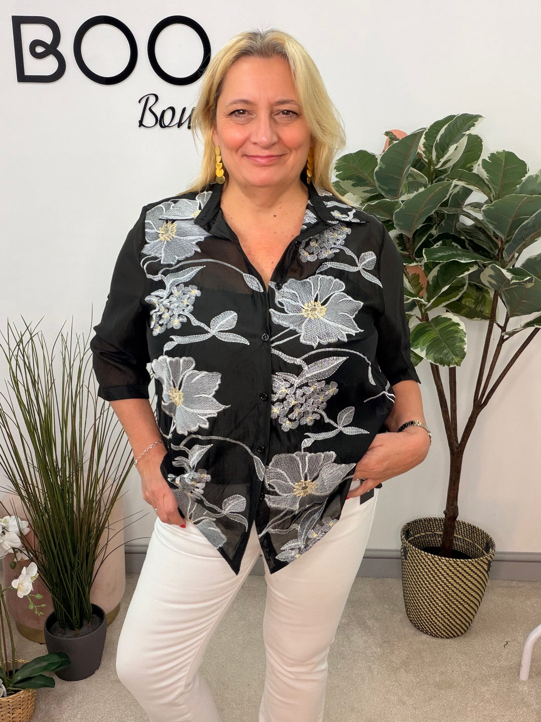 Ladies Sheer Embroidered Blouse - Black & White