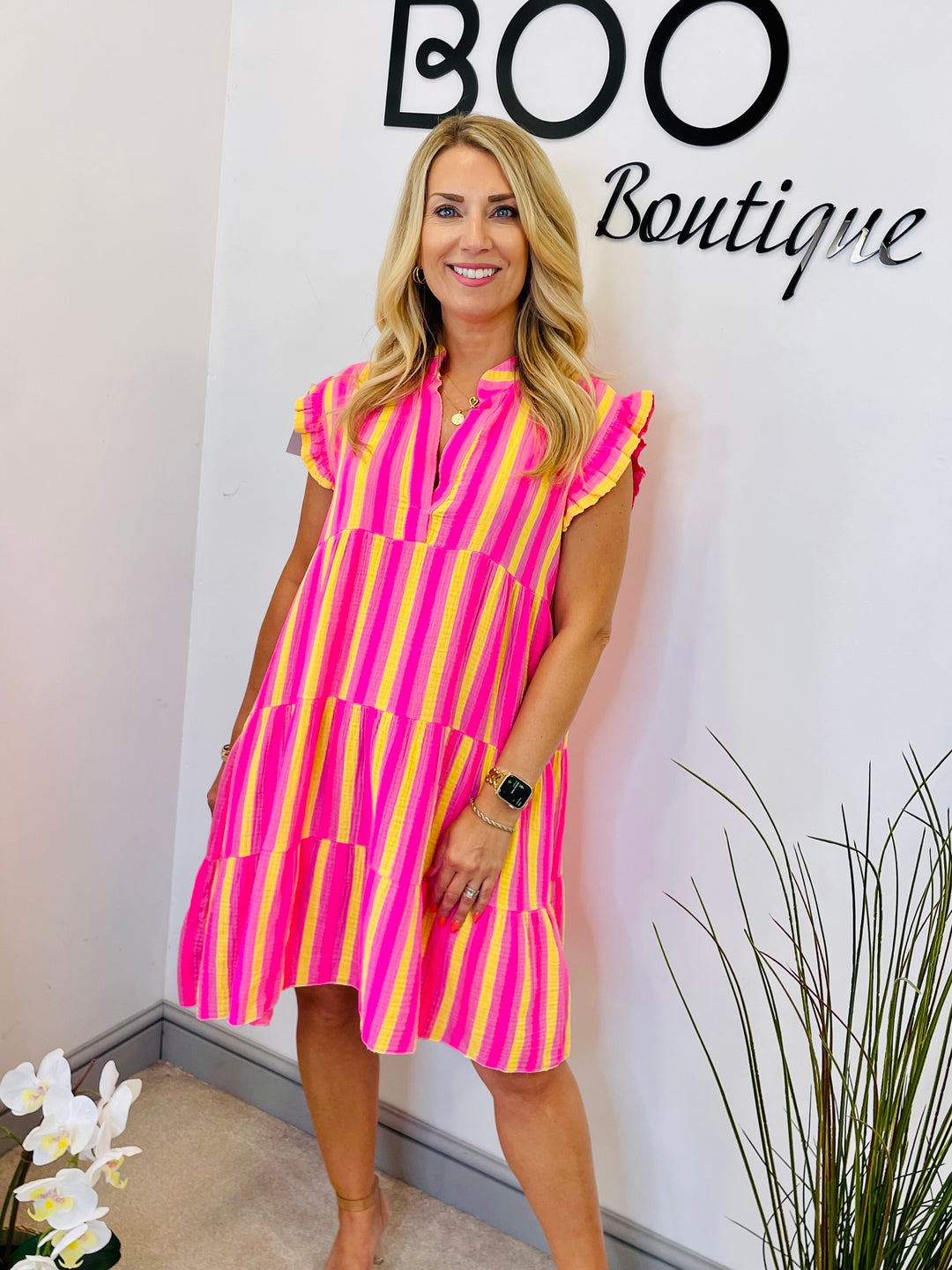 LADIES STRIPE SWING SMOCK SUMMER MIDI DRESS - PINK & WHITE