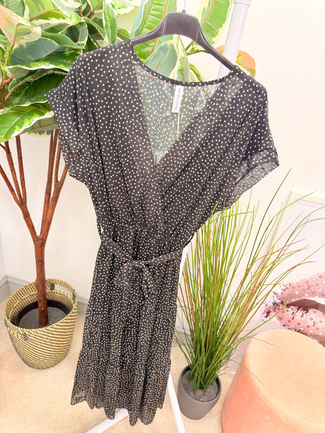 Ladies Fashion Chiffon Polka Dot Wrap Dress - Lemon, Black & Blue