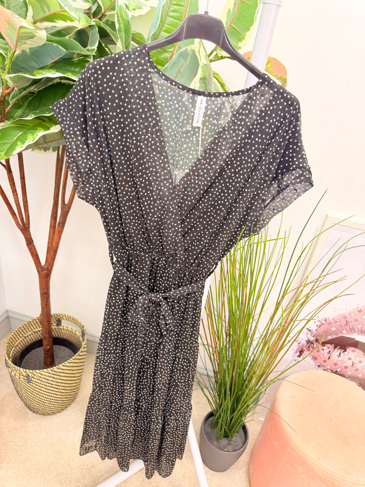 Ladies Fashion Chiffon Polka Dot Wrap Dress - Lemon, Black & Blue