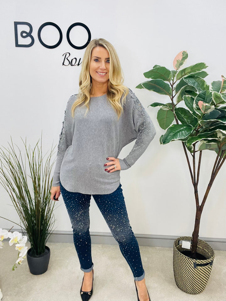 LADIES DIAMANTE SLEEVE BATWING JUMPER GREY
