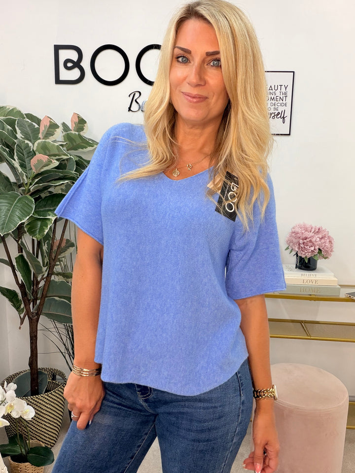 Ladies Fashion Short Sleeve V Neck Jumper blue