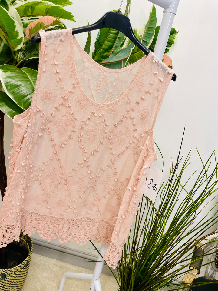 LADIES PRETTY CROCHET SUMMER SLEEVELESS TOP - WHITE, BEIGE, PINK, ORANGE, YELLOW, FUSCHIA