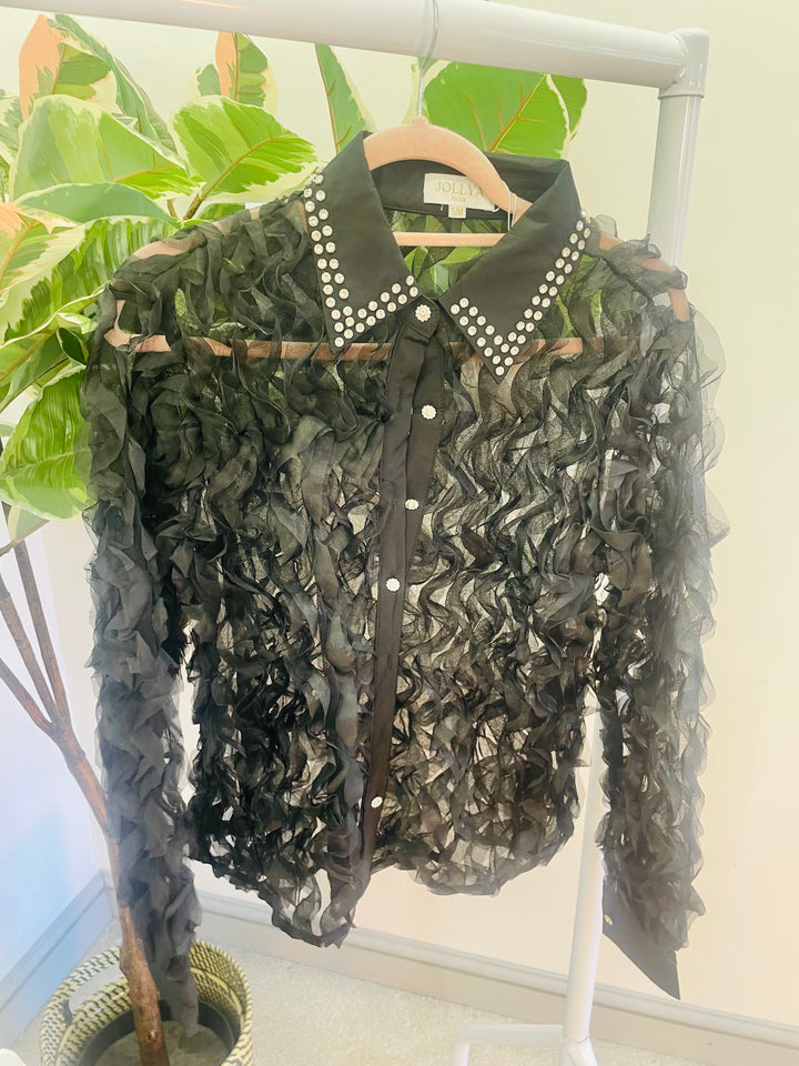 LADIES WOMENS BLACK SHEER RUFFLE DIAMANTE BLOUSE SHIRT TOP