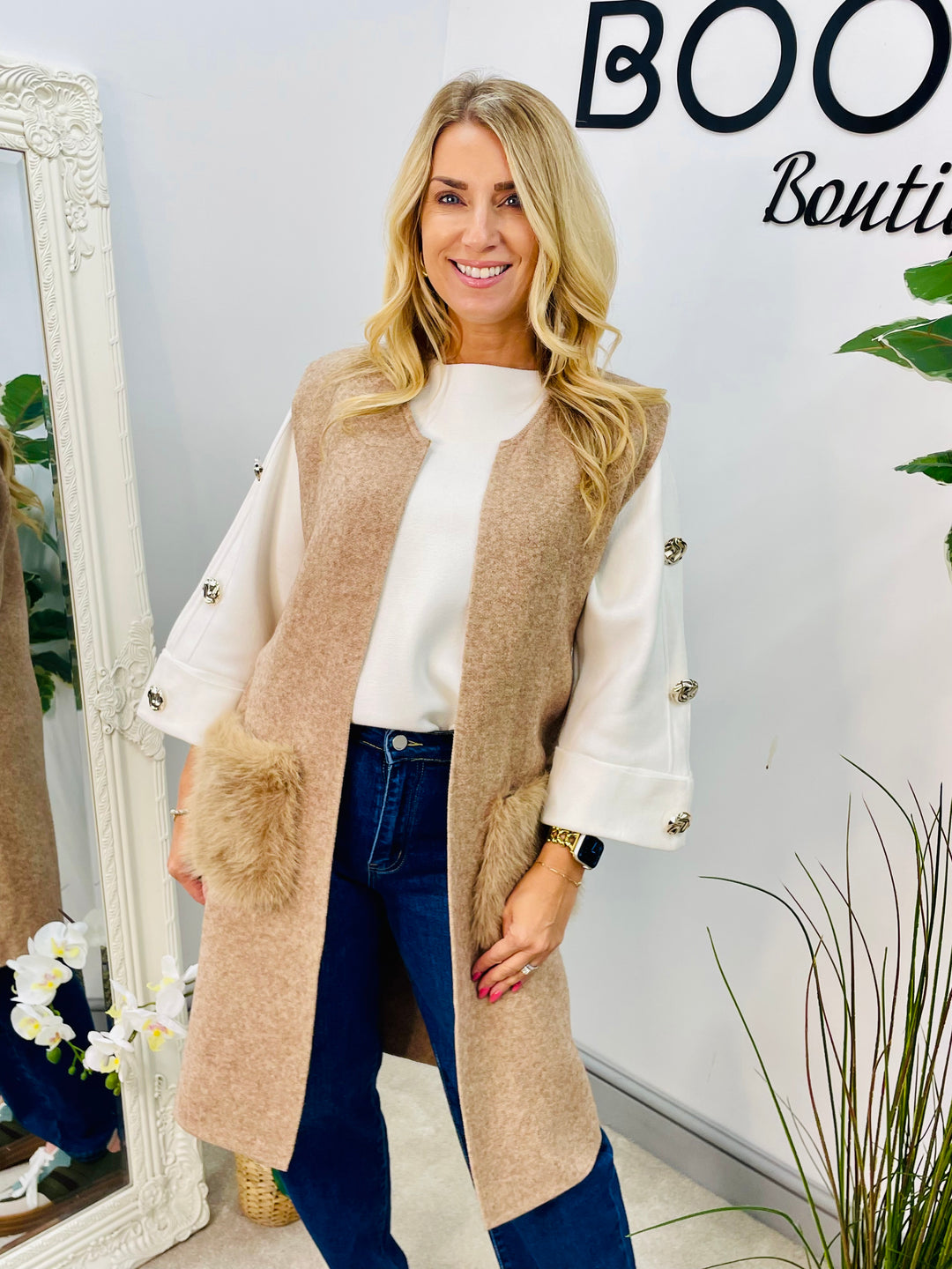 LADIES KNITTED LONGLINE SLEEVELESS CARDIGAN GILET - CAMEL, GREY & BLACK