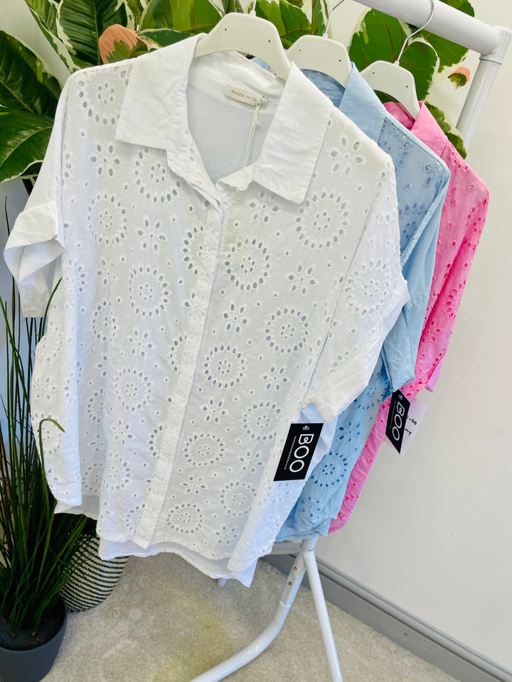 LADIES WOMENS BRODERIE ANGLAISE TOP SHIRT - WHITE, BLUE & PINK