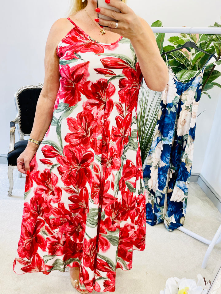 LADIES SATIN FLORAL PRINT SUMMER MAXI DRESS - RED & NAVY
