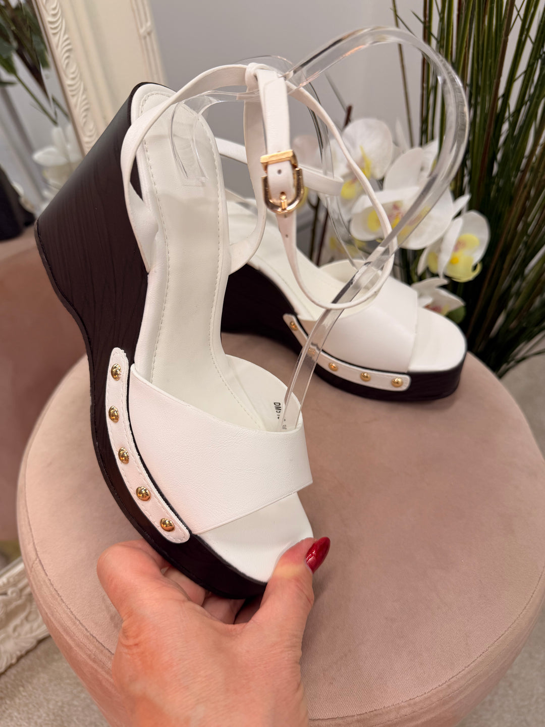 Ladies Fashion High Wedge Heel Sandals Shoes - white, burgundy & camel