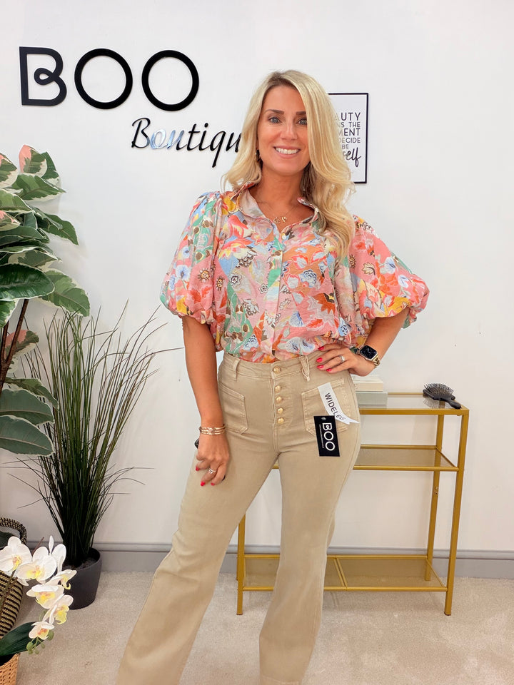 Ladies Fashion Pink/Beige Paisley Print Puff Sleeve Blouse Top