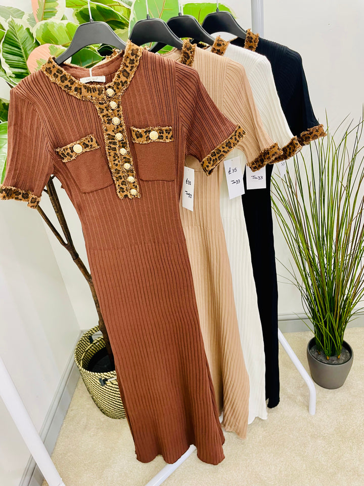 LADIES STRETCH RIBBED KNIT LEOPARD DETAIL MAXI DRESS - WHITE, BLACK, BEIGE & BROWN