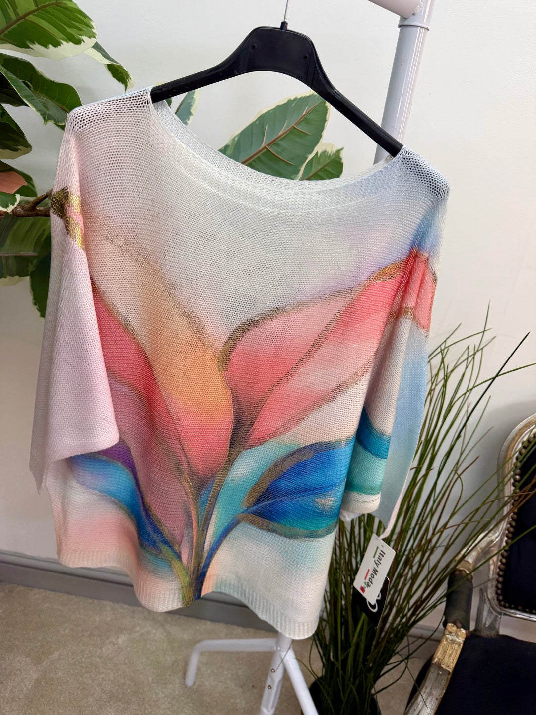 LADIES WHITE BATWING SLEEVE JUMPER - KHAKI, BLUE & GREEN