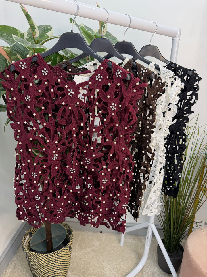 Women’s Crochet Pearl & Diamanté Top - Black, White, Wine, Brown 