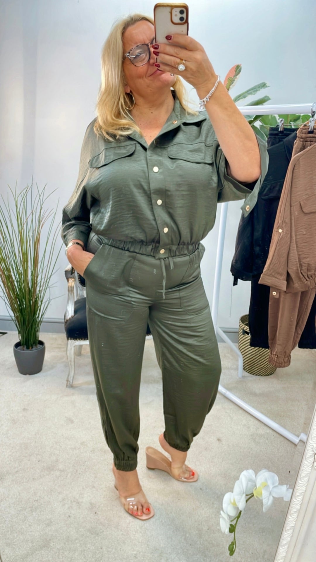 LADIES SATIN BOMBER JACKET JOGGER LEG CO ORD - KHAKI, BLACK & BROWN