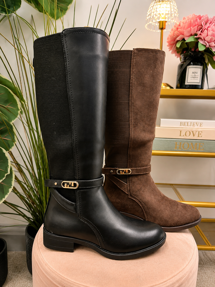 Ladies Fashion Flat Stretch Riding Boots - Black & Brown