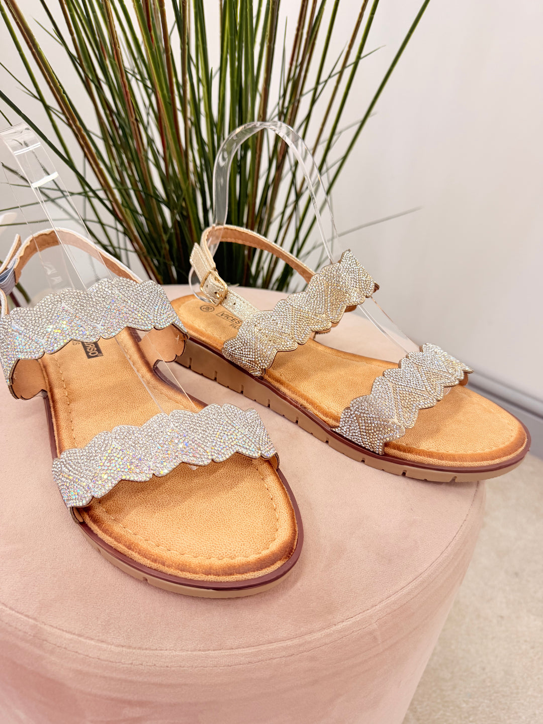 Ladies Diamante Two Strap Flatform Sandals - gold and silver