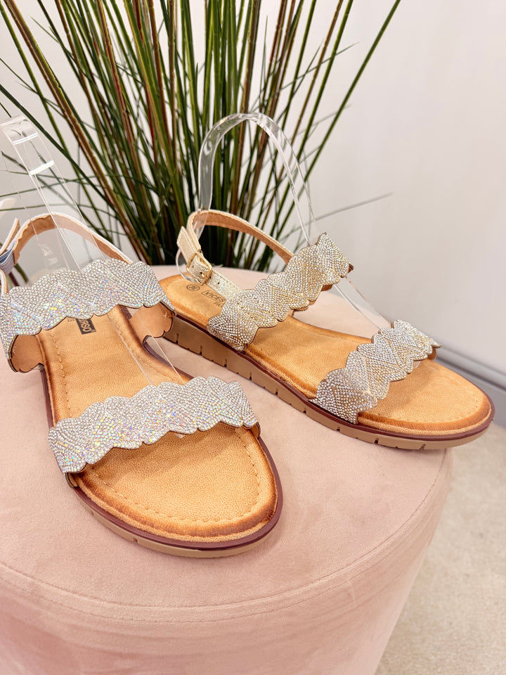 Ladies Diamante Two Strap Flatform Sandals - gold and silver