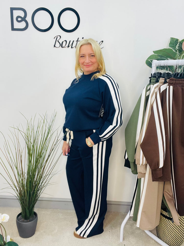 LADIES SPORTS LUXE STRIPE TROUSER CO ORD SET - BLACK, NAVY, KHAKI, MOCHA, BROWN