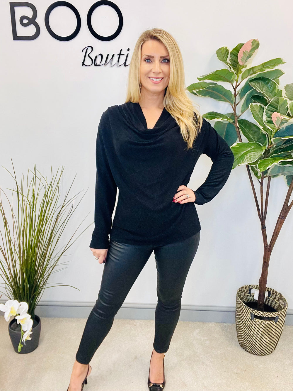 LADIES LUREX COWL NECK TOP - BLACK & BROWN