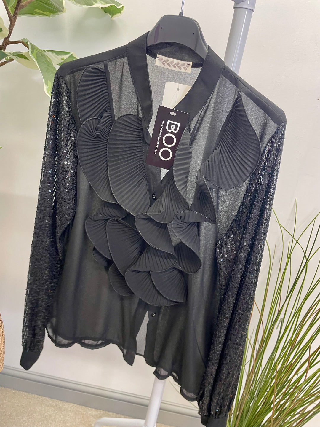 LADIES SEQUIN ARM FRILL BLOUSE - BLACK, SILVER, BERRY, BEIGE & BROWN