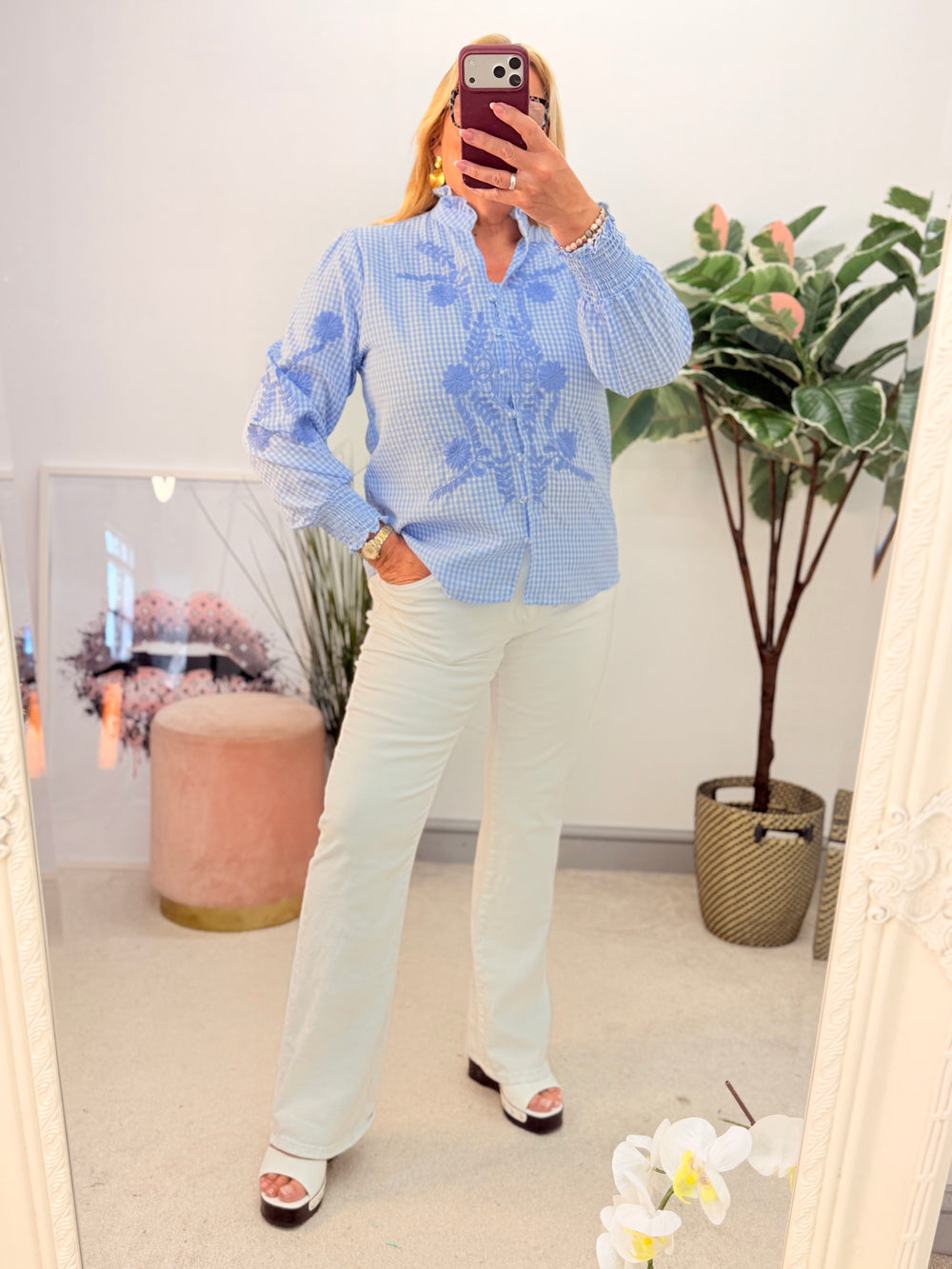 Ladies Blue Gingham Check Shirt Blouse