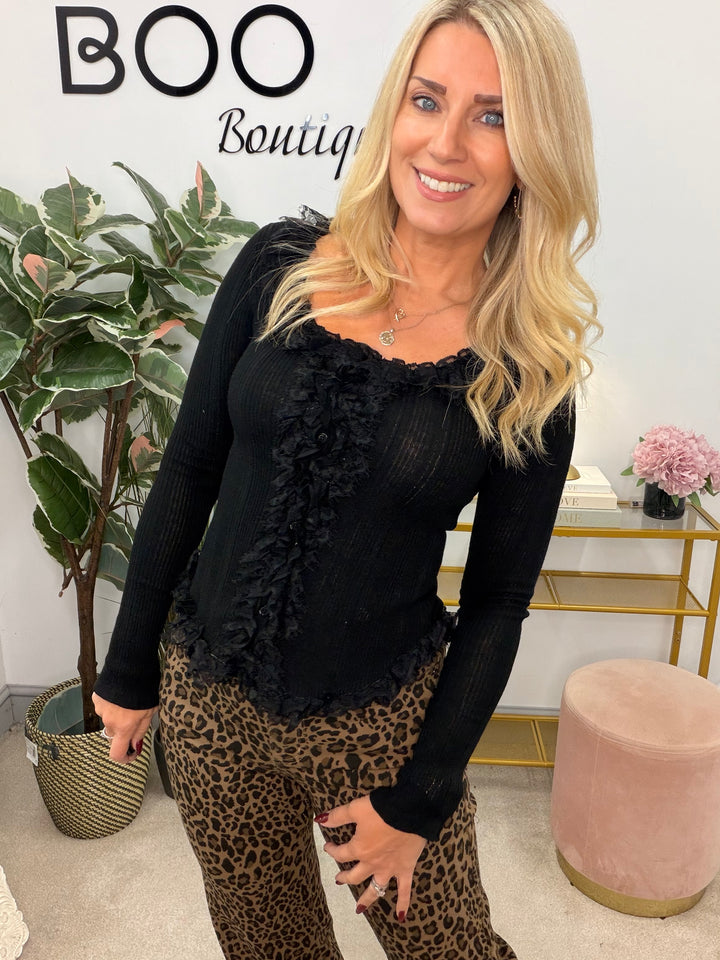 Ladies Fashion Fitted Frill Cardigan Top - Black, White, Brown & Wine