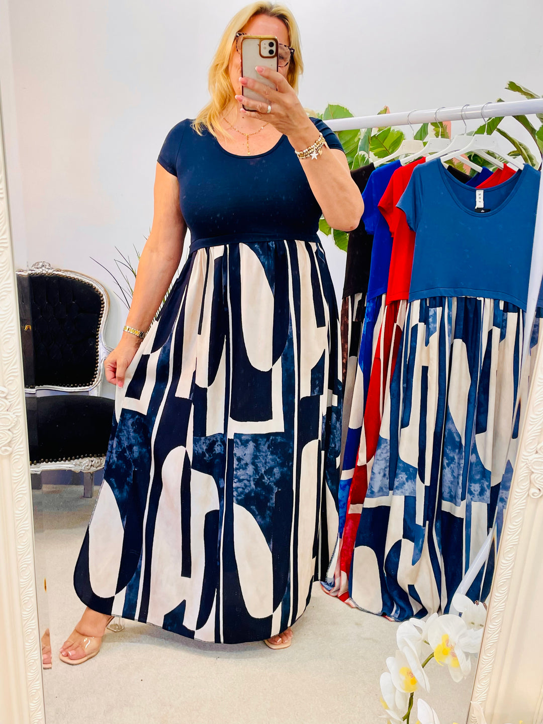 LADIES ABSTRACT PRINT T SHIRT DRESS - BLUE, NAVY, DENIM, RED & BROWN
