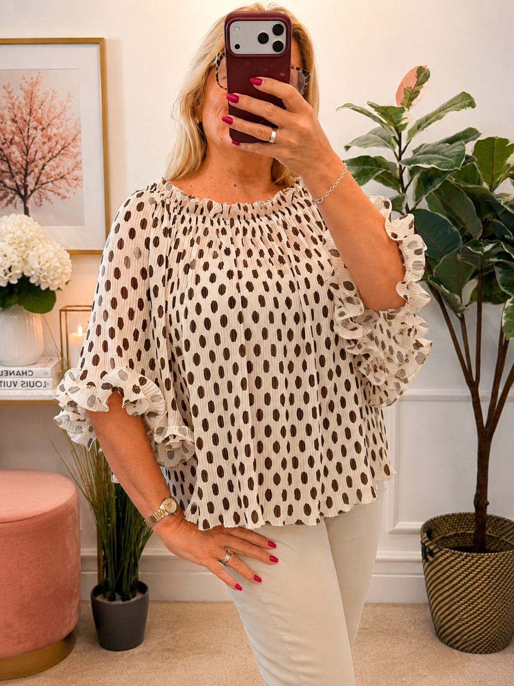 Ladies Pleated Polka Dot Bardot Top - White, Black, Navy & Beige