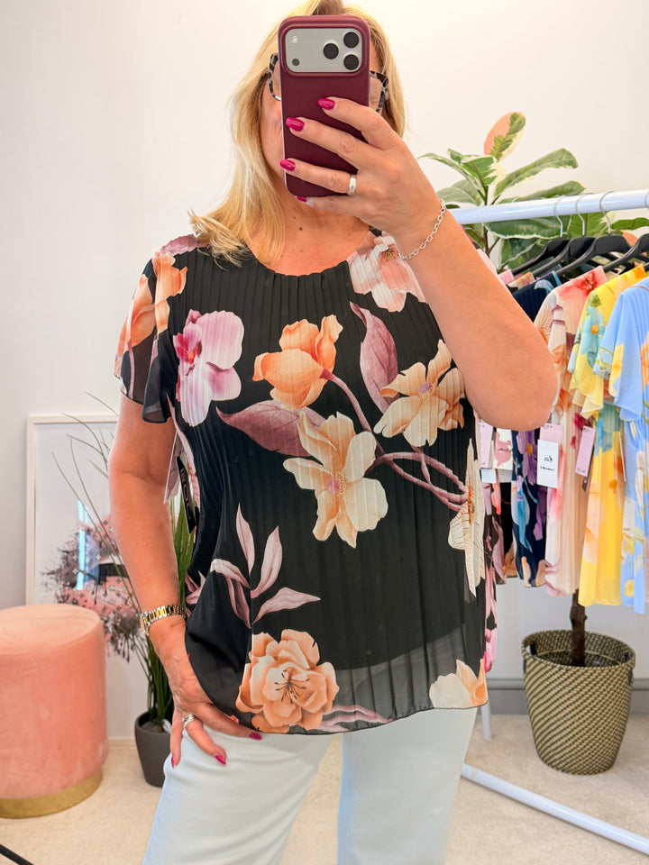 Ladies Pleated Floral Print Chiffon Top - Black, Cream, Blue, Lemon, Pink, Navy, Brown