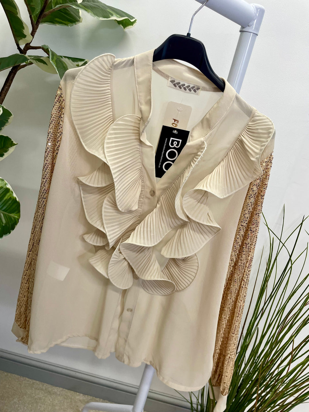 LADIES SEQUIN ARM FRILL BLOUSE - BLACK, SILVER, BERRY, BEIGE & BROWN