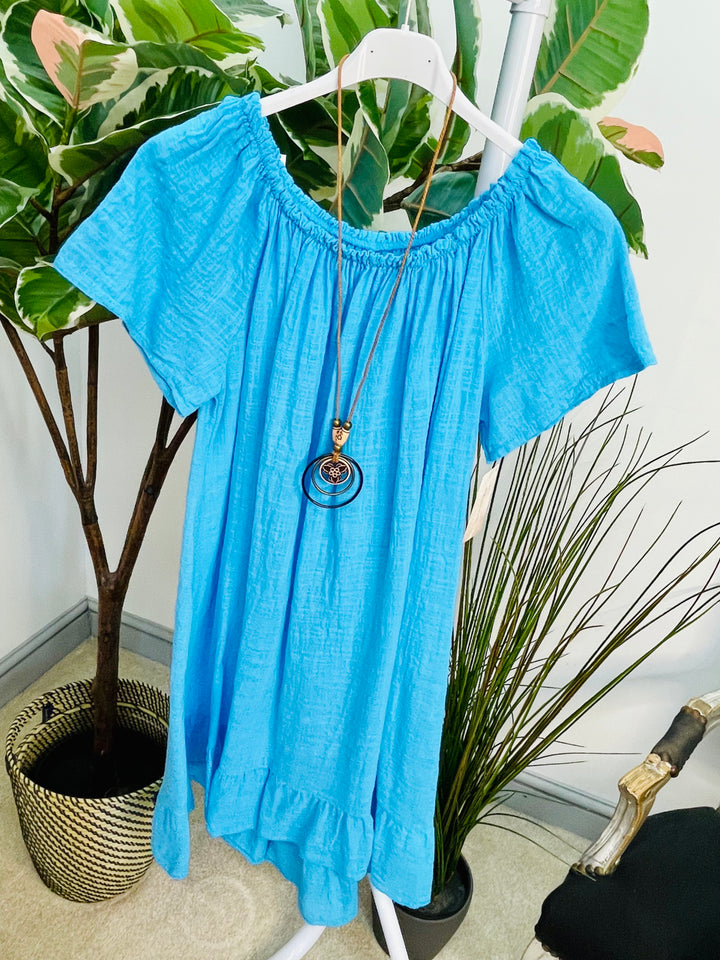 LADIES COTTON SUMMER BARDOT DRESS - BLACK, NAVY, PINK, LEMON, ORANGE, BLUE & LIME