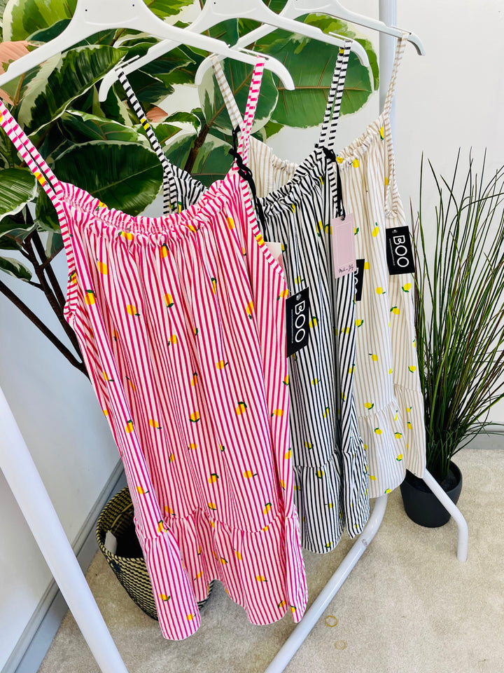LADIES STRIPE LEMON PRINT SUMMER SUN DRESS - BLACK, BEIGE, PINK