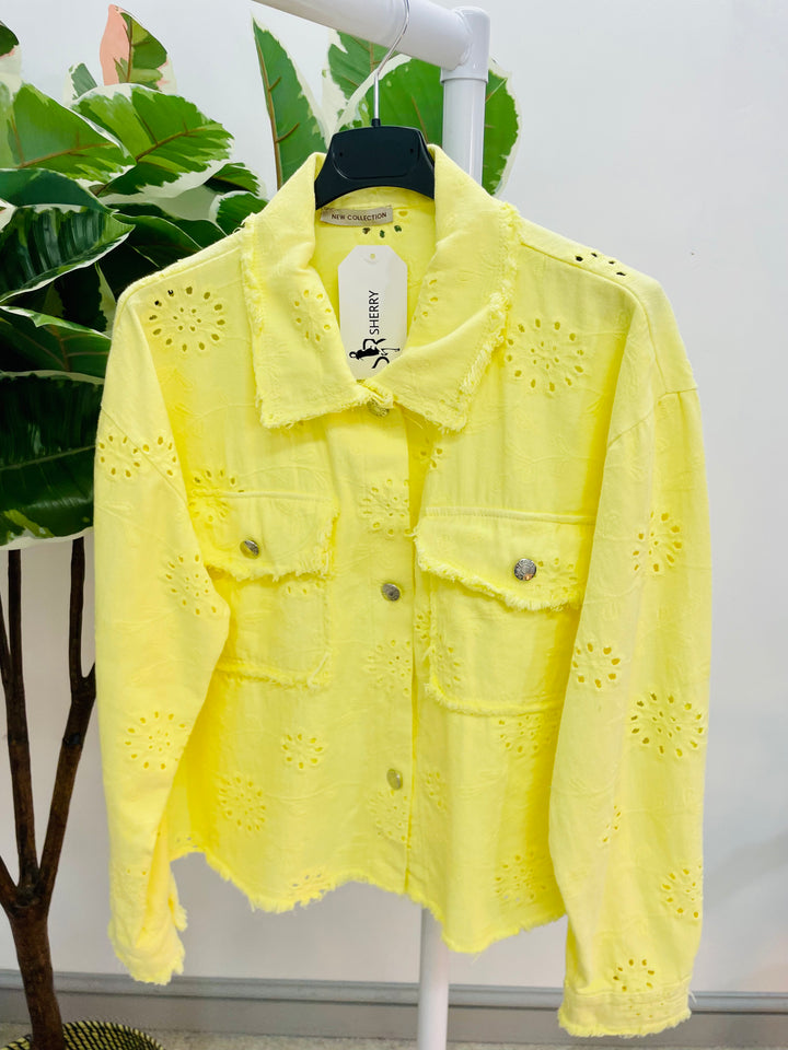 LADIES WOMENS BRIGHT YELLOW BRODERIE ANGLAISE COTTON DENIM JACKET