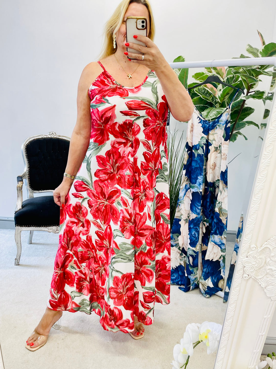 LADIES SATIN FLORAL PRINT SUMMER MAXI DRESS - RED & NAVY