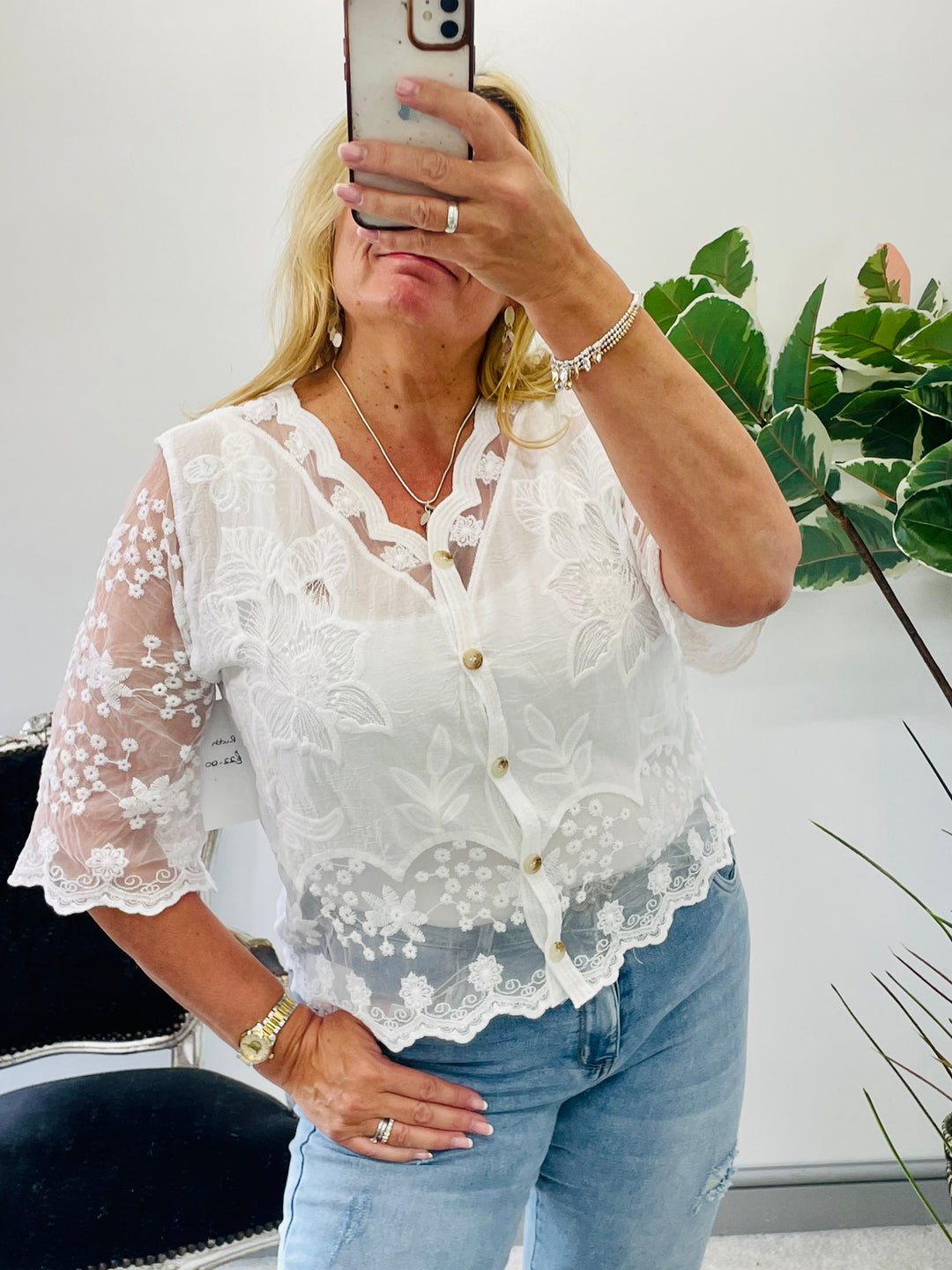 LADIES WOMENS WHITE LACY EMBROIDERED CARIDGAN TOP