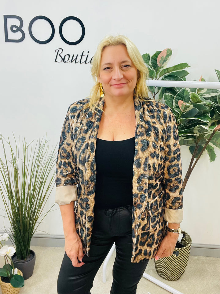 LADIES ANIMAL LEOPARD PRINT SEQUIN JACKET BLAZER