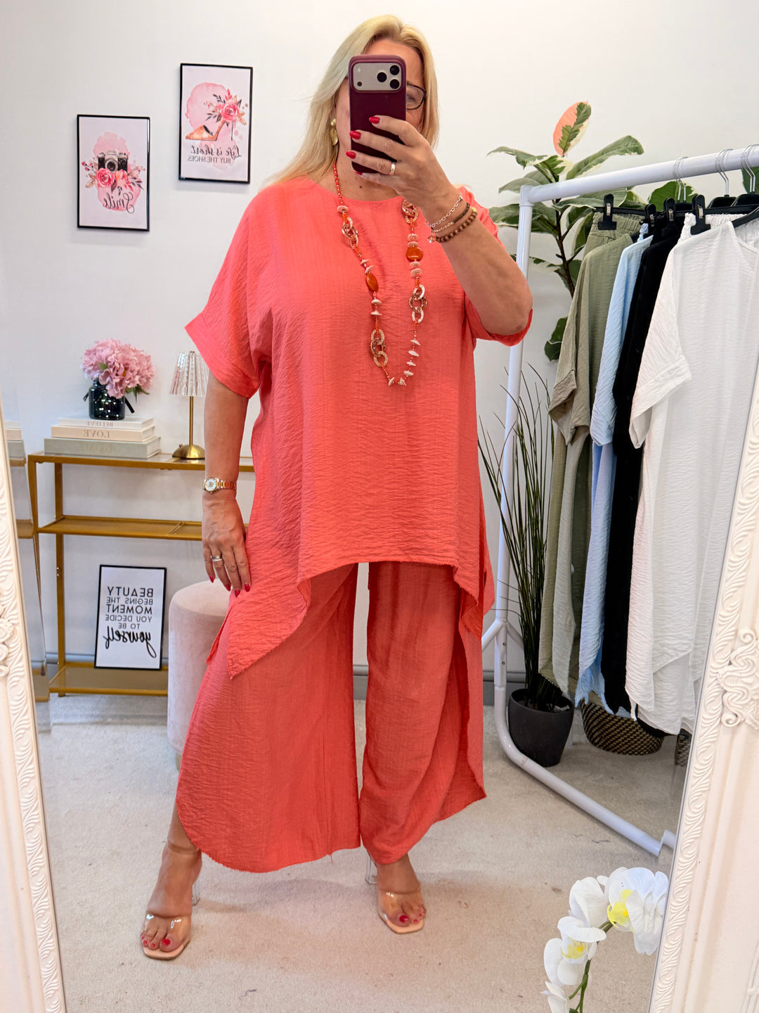 Ladies Harem Trouser Drape Top Co Ord - White, Coral, Khaki, Black & Blue