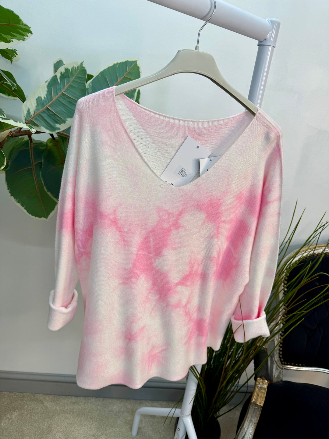 Ladies Fashion Soft Knit White Tye Dye Jumper - pink & blue