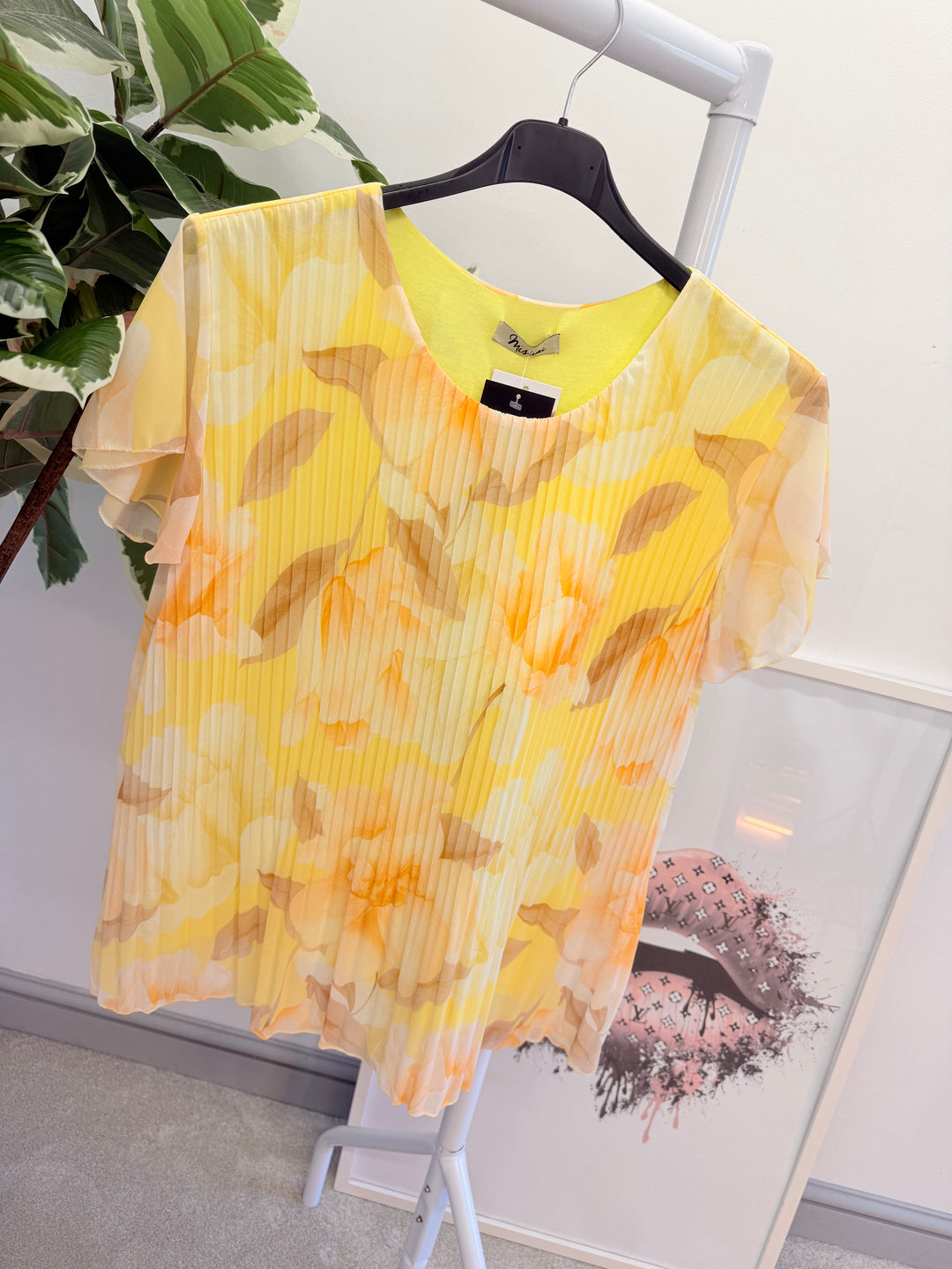 Ladies Fashion Floral Print Pleated Chiffon Blouse Top - pink, white, blue & lemon