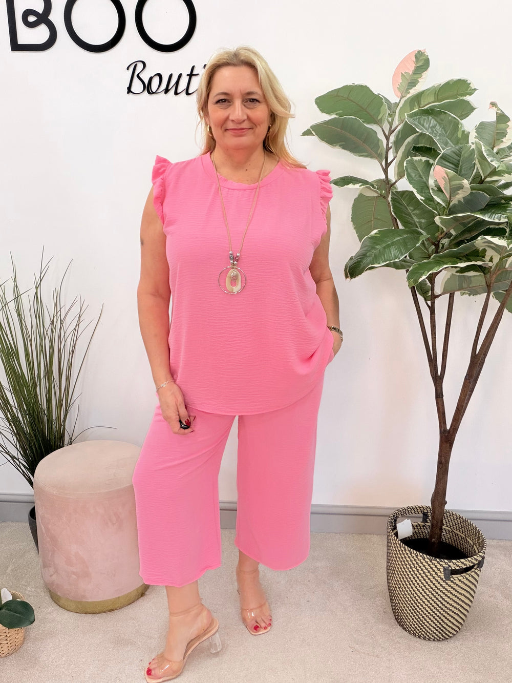 Ladies Fashion Cropped Leg Trouser Co Ord Set - mocha, brown, black, blue, pink, turquoise